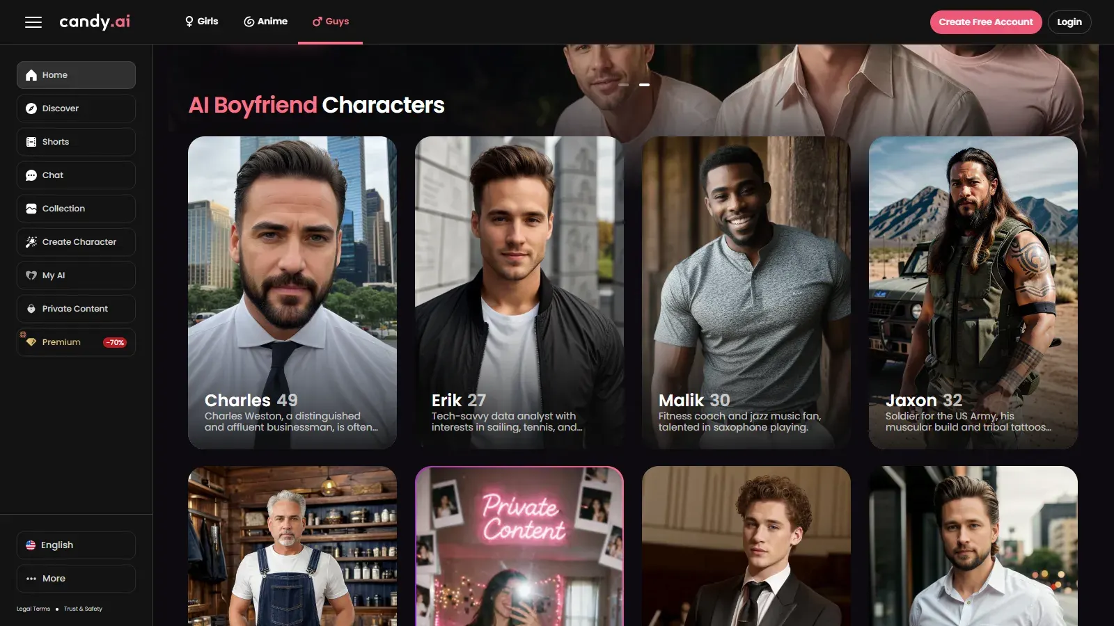 Candy AI Guys tab, US site: the AI Boyfriend Characters grid with Charles, 49, Erik, 27, Malik, 30, and Jaxon, 32