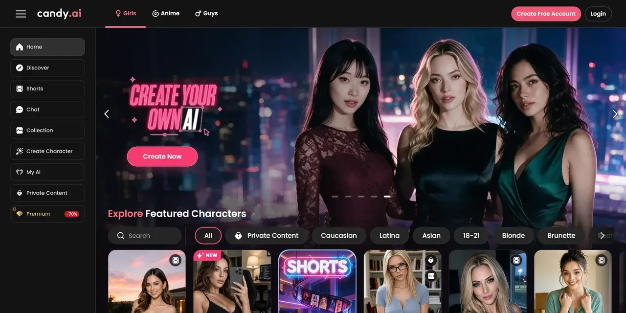 Candy AI homepage, US site: a "Create your own AI" banner with three companions above the Featured Characters row
