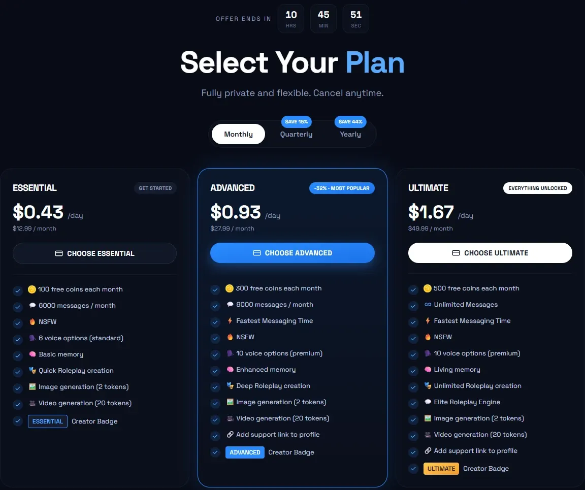 DarLink AI plan page, monthly billing: Essential at $12.99, Advanced at $27.99 with enhanced memory, Ultimate at $49.99 with Living memory