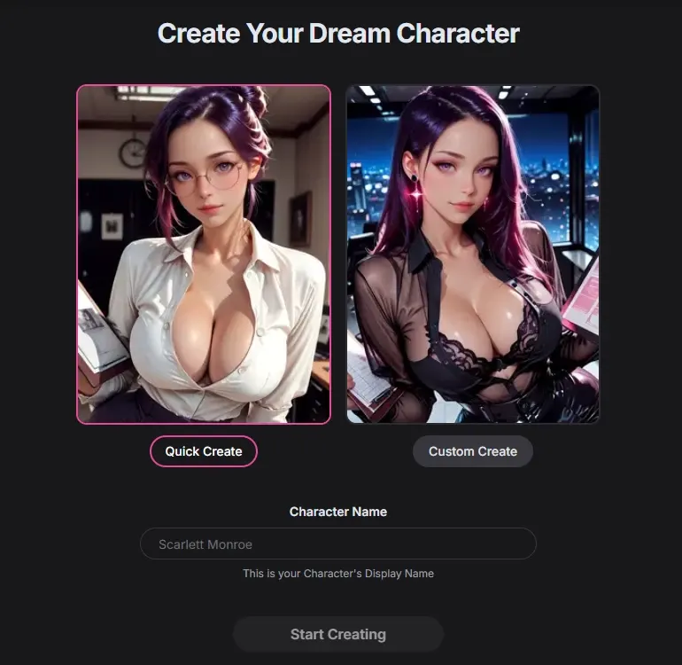Girlfriend GPT "Create Your Dream Character" page with Quick Create and Custom Create modes and a character name field