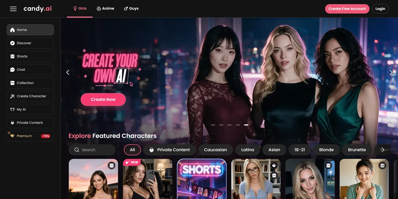 Candy AI homepage, US site: a "Create your own AI" banner with three companions and the Featured Characters row