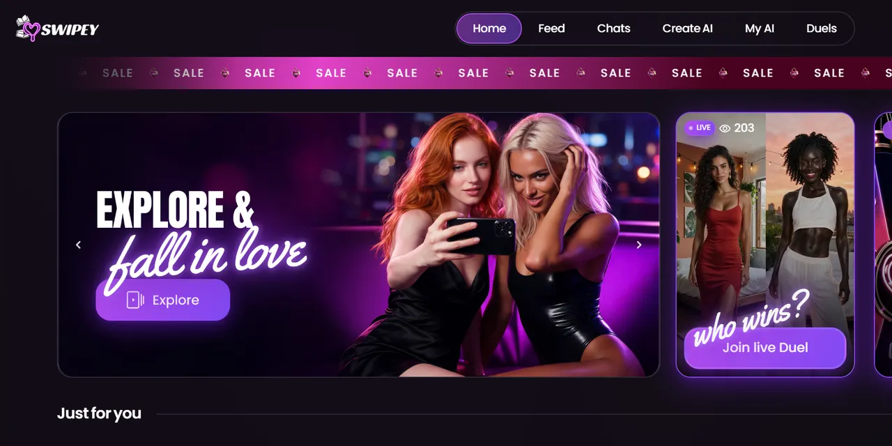 Swipey AI homepage, US site: the "Explore & fall in love" banner next to a live Duel card