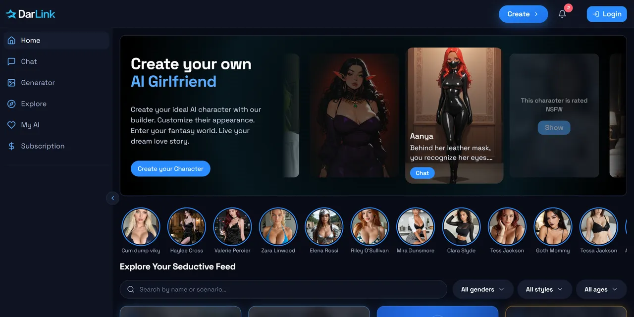 DarLink AI homepage, US site: the "Create your own AI Girlfriend" carousel above a row of companion avatars