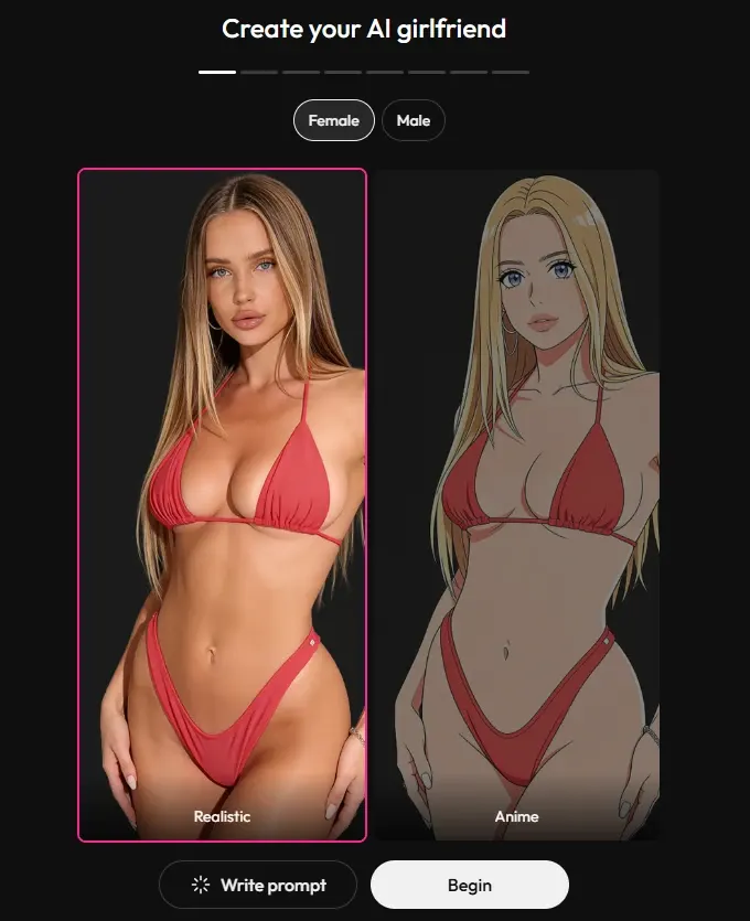 JOI AI "Create your AI girlfriend" builder, first of eight steps: female or male, realistic or anime style
