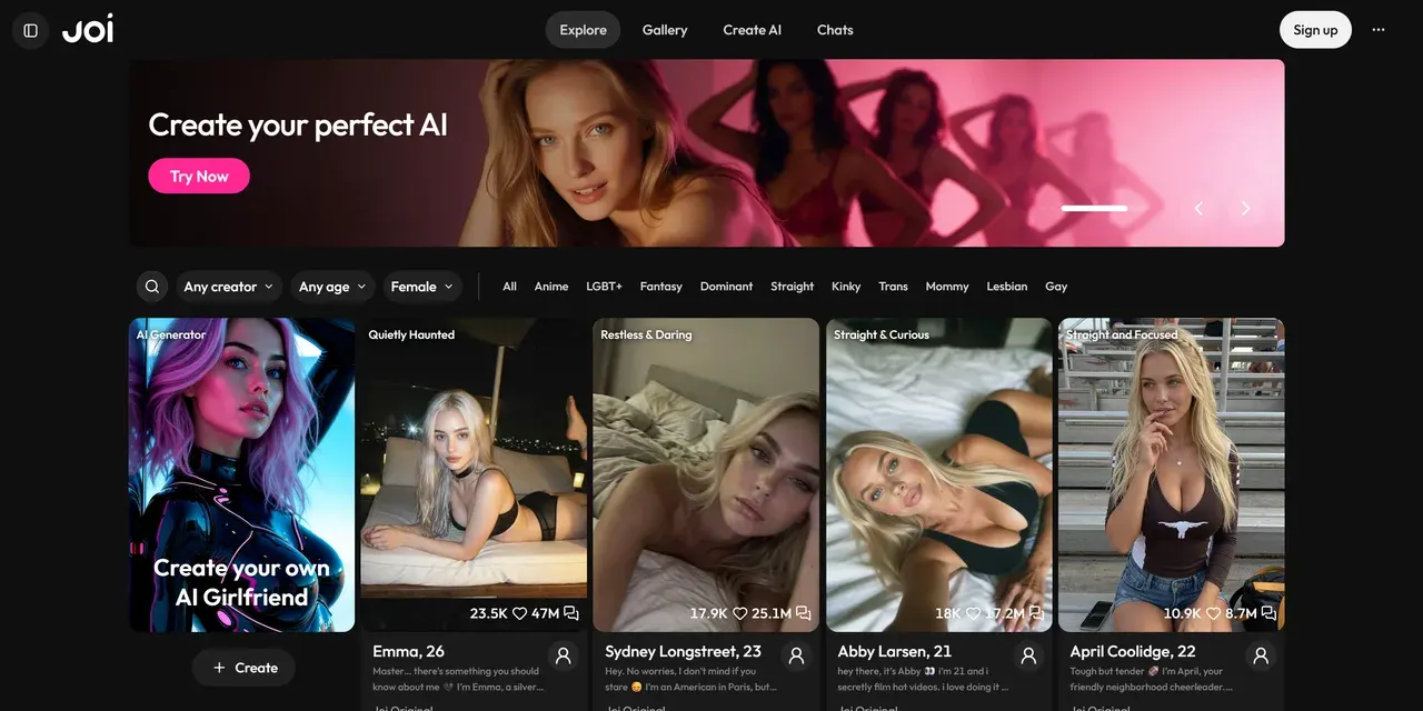 JOI AI homepage, US site: a "Create your perfect AI" banner above the creator filters and the first row of companions