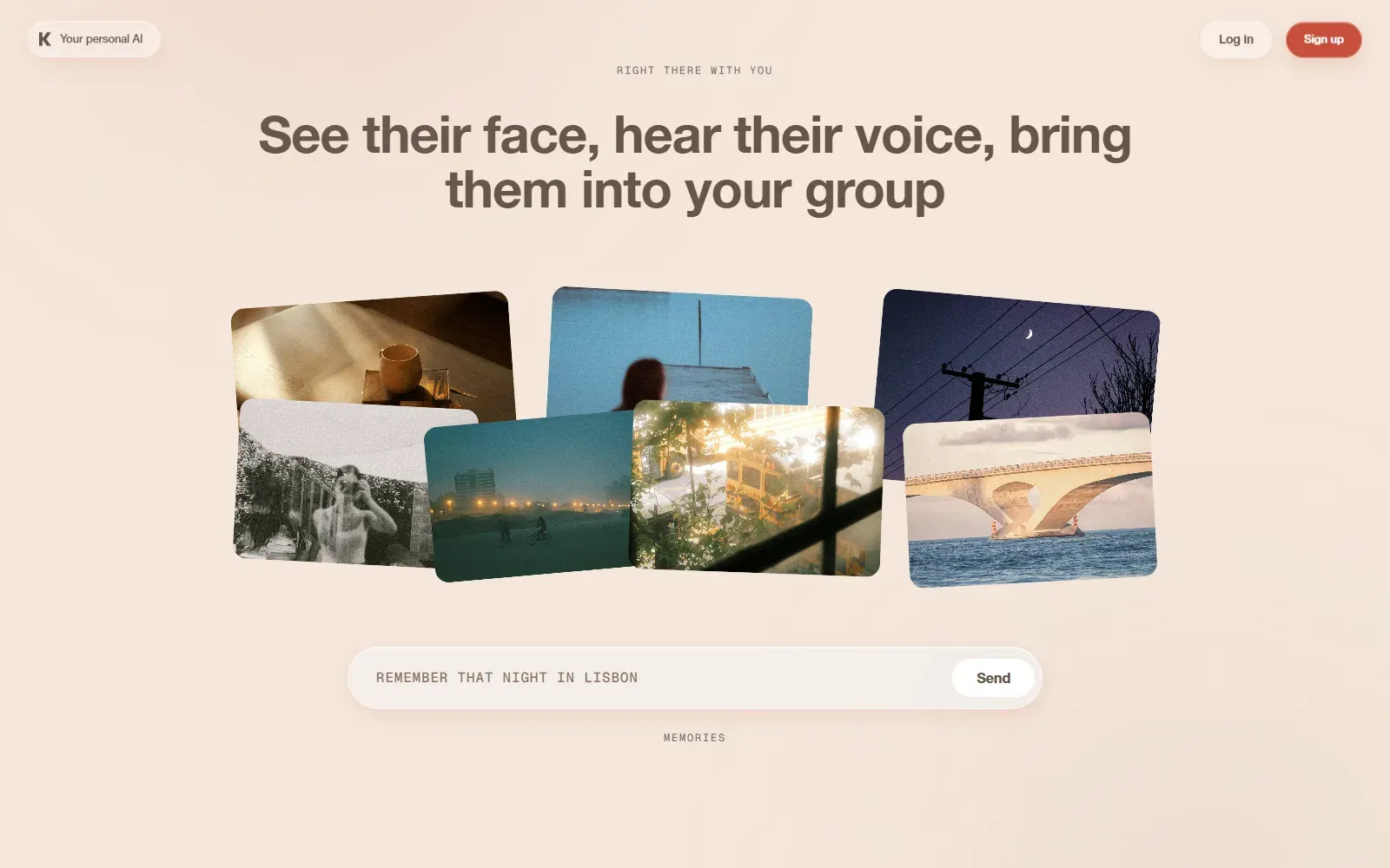 Kindroid homepage, "See their face, hear their voice, bring them into your group" section: a scatter of travel photos above a message box that reads "Remember that night in Lisbon", labeled Memories