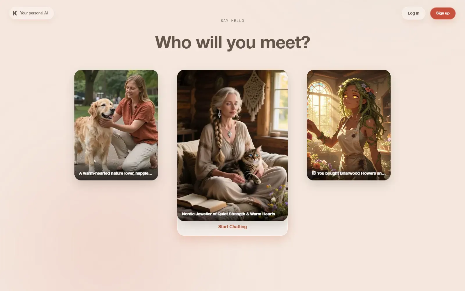 Kindroid homepage, "Who will you meet?" section: three companion cards, a nature lover with her golden retriever, a Nordic jeweller with her cat and a flower-shop spirit, with a Start Chatting button