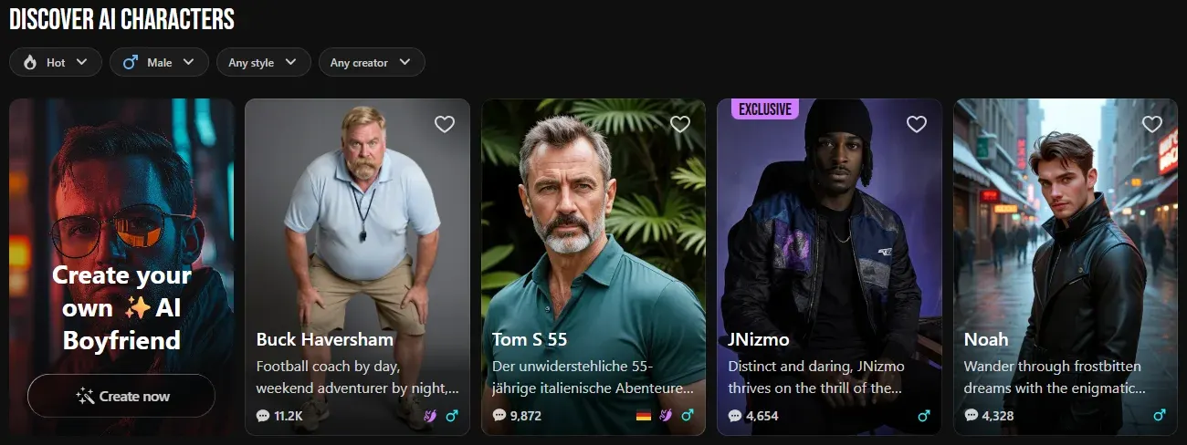 Lovescape Discover page filtered to Male: a Create your own AI Boyfriend tile, then Buck Haversham, Tom, JNizmo and Noah