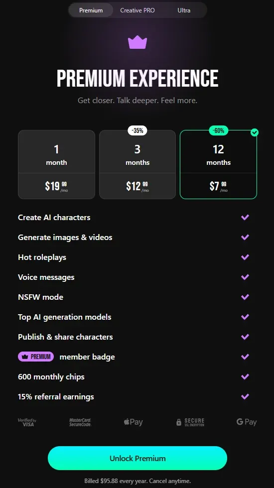 Lovescape Premium plan page: $19.99 for 1 month, $12.99 a month for 3 months, $7.99 a month for 12 months billed $95.88, with 600 monthly chips