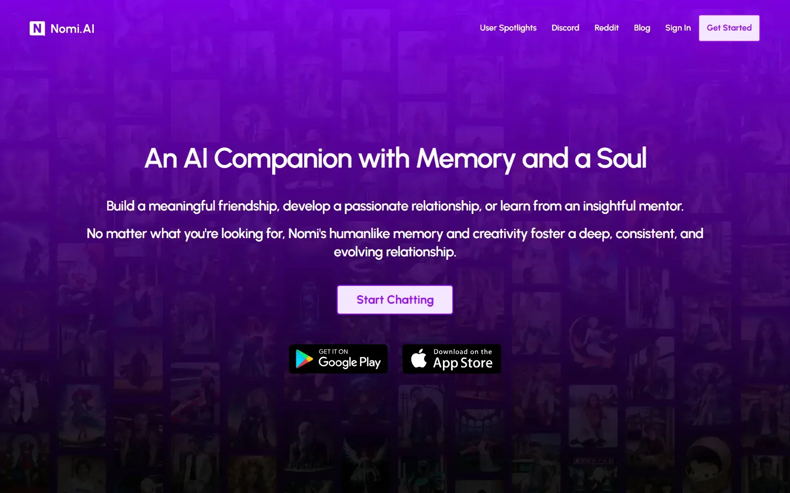 Nomi.AI homepage: "An AI Companion with Memory and a Soul", a Start Chatting button and the Google Play and App Store badges