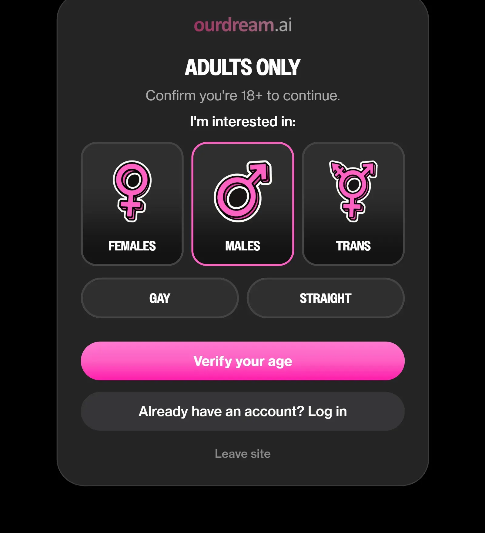 OurDream AI entry screen, Adults only: "I'm interested in" with Females, Males and Trans, Males selected, then Gay or Straight
