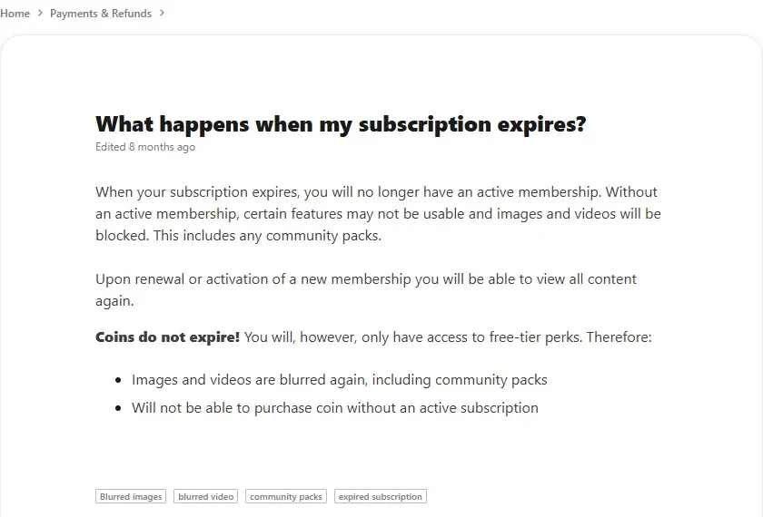 OurDream AI help center article "What happens when my subscription expires?", with the line "Coins do not expire!" and the two things that change after the plan ends