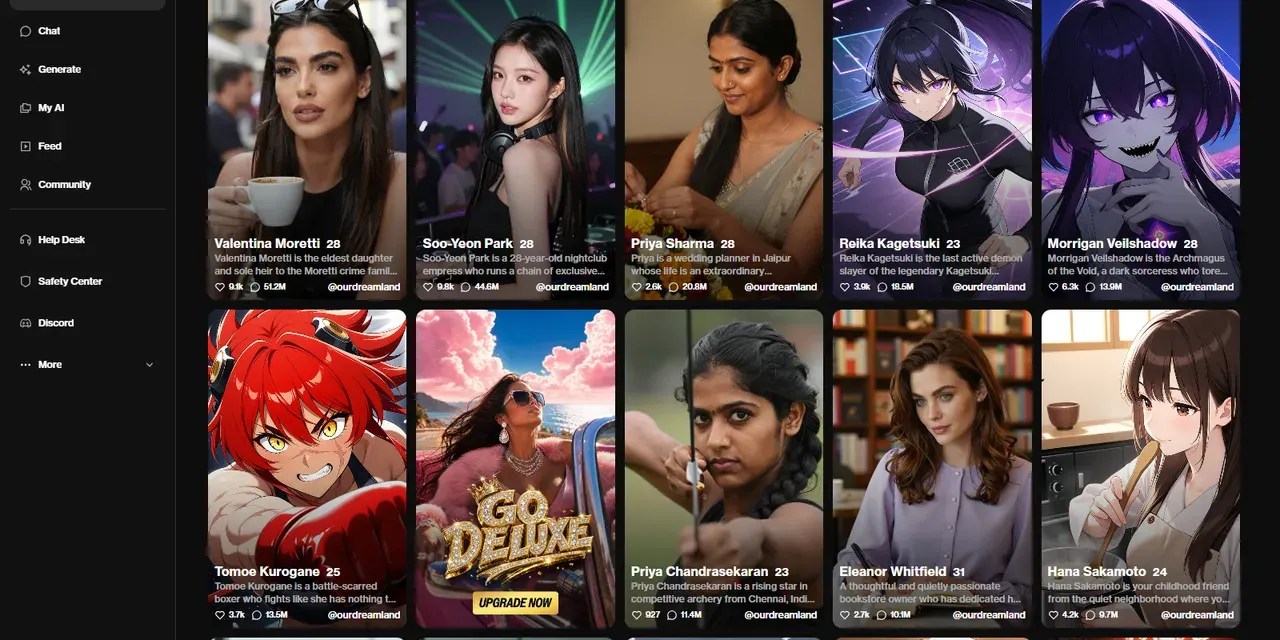 OurDream AI homepage, US site: the Explore grid of realistic and anime companions with their age and a one-line story