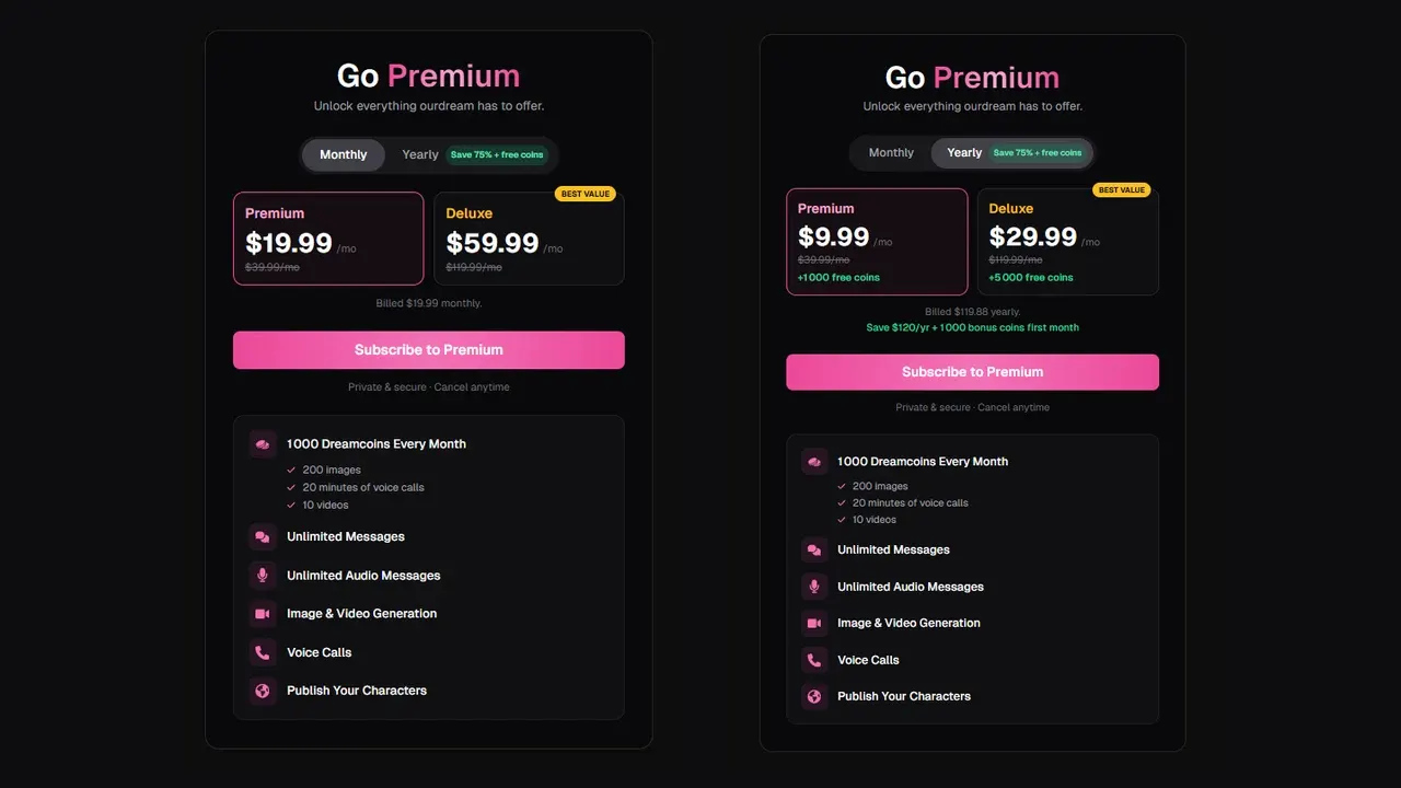 OurDream AI pricing screens, US version: Premium at $19.99 and Deluxe at $59.99 billed monthly (left), Premium at $9.99 and Deluxe at $29.99 a month billed yearly (right)