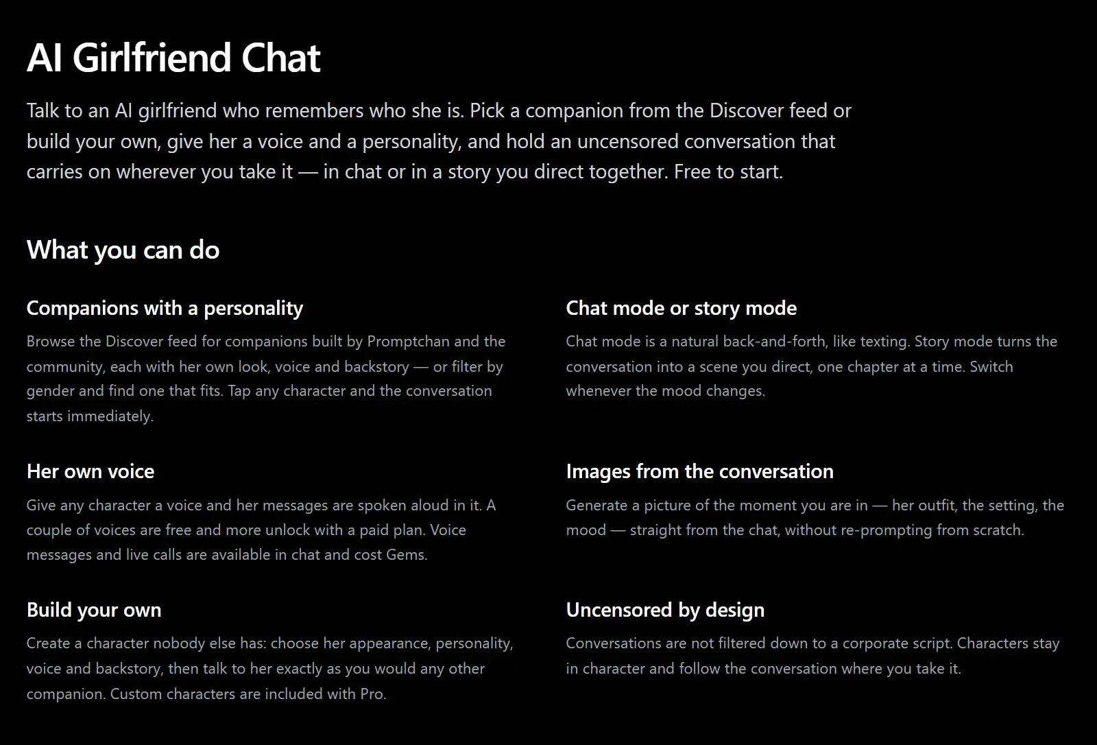 Promptchan AI Girlfriend Chat page, "What you can do": companions with a personality, chat mode or story mode, her own voice, images from the conversation, build your own