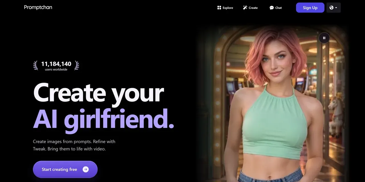Promptchan homepage, US site: "Create your AI girlfriend" next to a generated companion