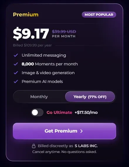 Secrets AI store page, US version: Premium at $9.17 a month billed $109.99 a year, 8,000 Moments a month, image and video generation, billed as S LABS INC.