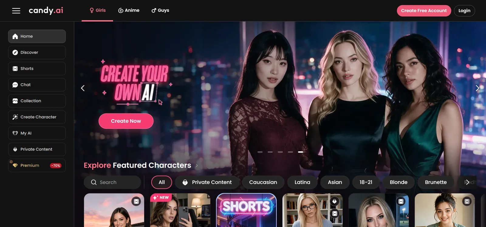 Candy AI homepage, US site: the Create Your Own AI banner and the Featured Characters row, October 2, 2026