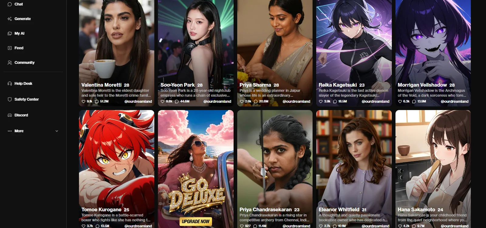 OurDream AI homepage, US site: the Explore grid of realistic and anime companions, October 9, 2026